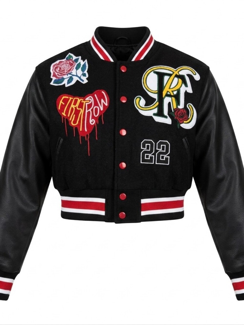 First Row Black White Red Accent Varsity Jacket Size Small